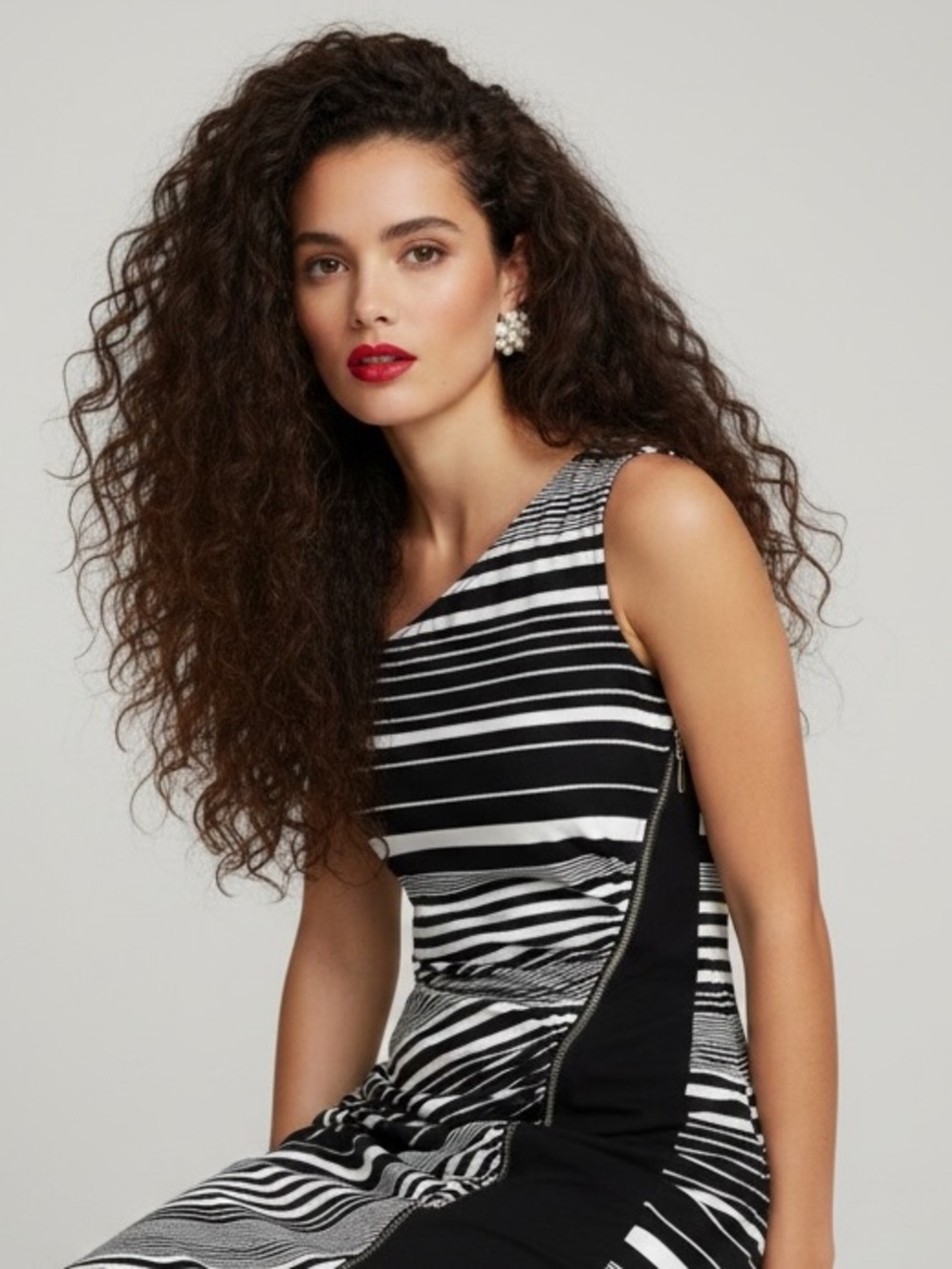 Joseph Ribkoff Asymmetrical Striped Bodycon Black White Dress Zip Size 4